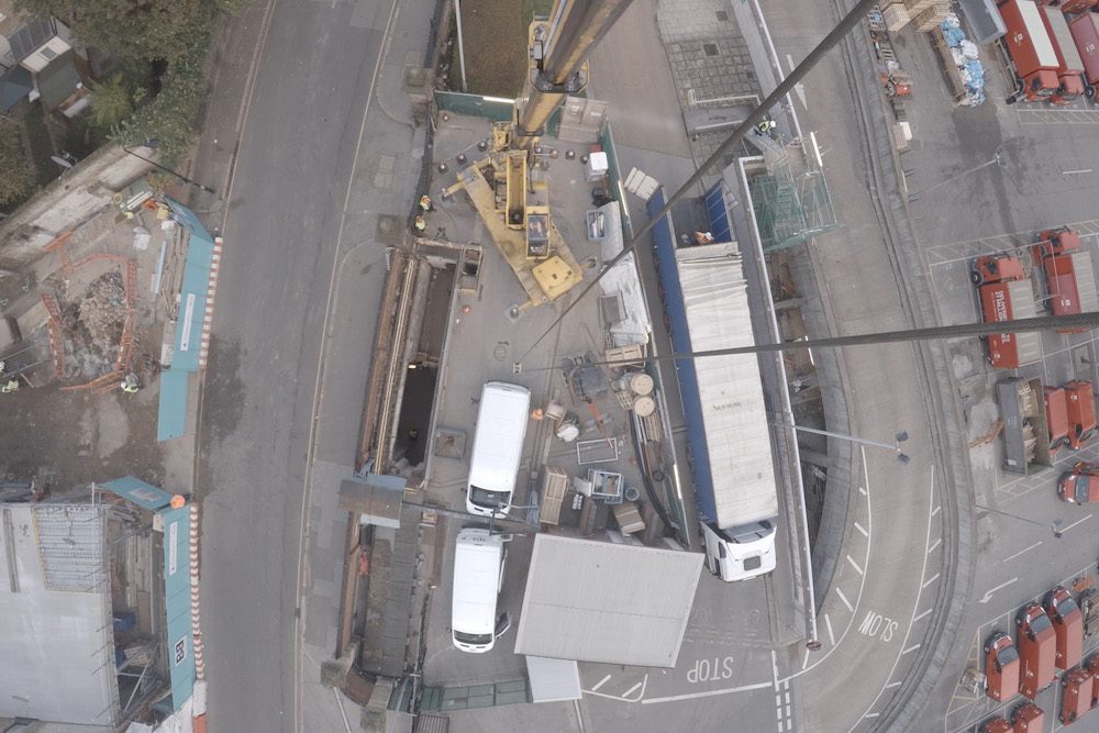 Birds-eye-view of the installation from the bottom of a crane working onsite