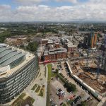 Elevated view looking over the NOMA redevelopment, specifically the residential build - Angel Gardens - in Manchester