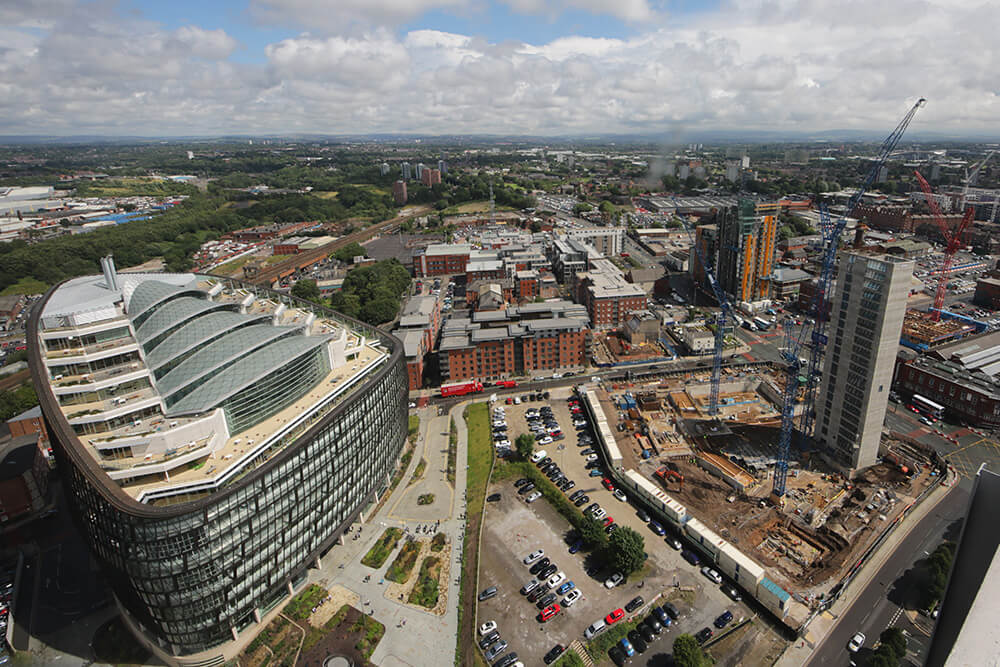 Elevated view looking over the NOMA redevelopment, specifically the residential build - Angel Gardens - in Manchester