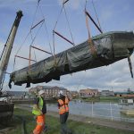 An historic inland waterways craft lifted from the water at the Canal & River Trust's National Waterways Museum near Ellesmere Port