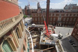 Capture of the latest phase of construction for the Royal Albert Hall's major project, The Great Excavation.